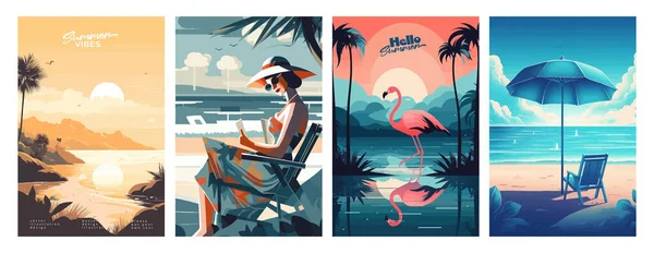 一套以海滨风景 日光浴床 度假妇女 夏日落日 复古风格和现代风格为主题的夏季度假宣传海报 以制作一张贺卡 — 图库矢量图片