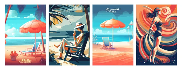 一套以海滨风景 日光浴 度假妇女 复古风格和现代风格为主题的夏季度假宣传海报 — 图库矢量图片