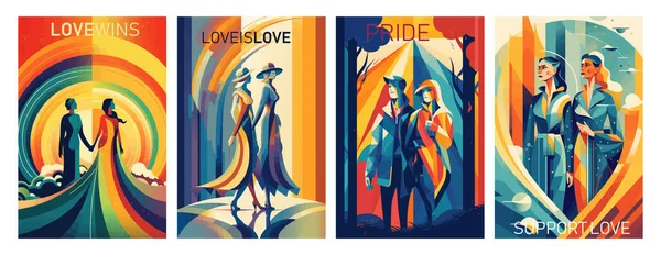 快乐骄傲的一个月彩虹色 用于贺卡 招贴画设计的Lgbtq Pride Gay Lesbian Couple的矢量插图 — 图库矢量图片