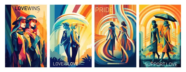 快乐骄傲的一个月彩虹色 用于贺卡 招贴画设计的Lgbtq Pride Gay Lesbian Couple的矢量插图 — 图库矢量图片