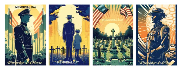 Memorial Day Ilustração Vetorial Bandeira Dos Eua Soldado Cemitério Uma — Vetor de Stock