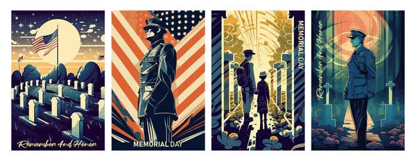 Ilustracja Wektora Dnia Pamięci Flaga Usa Żołnierz Cmentarzu Dziecko Dniu — Wektor stockowy