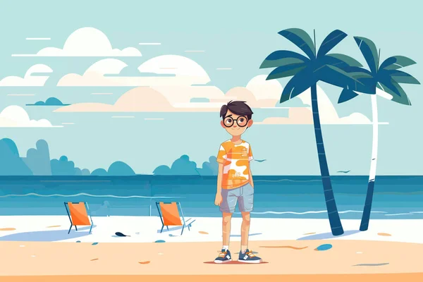 Summer Holiday Cartoon Kids Beach Cartoon Vector Illustration — Stock Vector