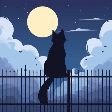Siyah bir kedi çitin üzerinde oturuyor, silueti mehtaplı gökyüzüne yaslanmış. Vektör illüstrasyonu.