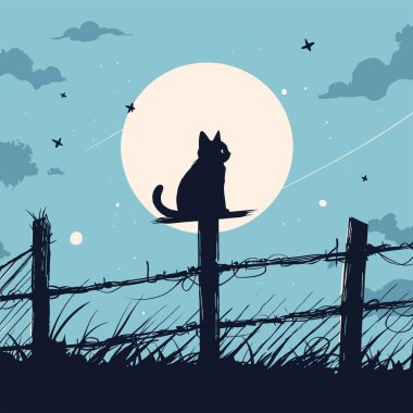 Siyah bir kedi çitin üzerinde oturuyor, silueti mehtaplı gökyüzüne yaslanmış. Vektör illüstrasyonu.