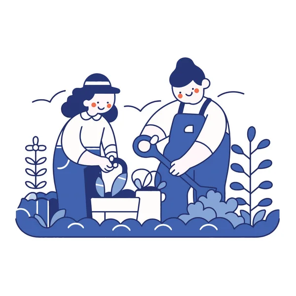 Casal Jardinagem Juntos Seu Quintal Ilustração Vetor Minimalista — Vetor de Stock