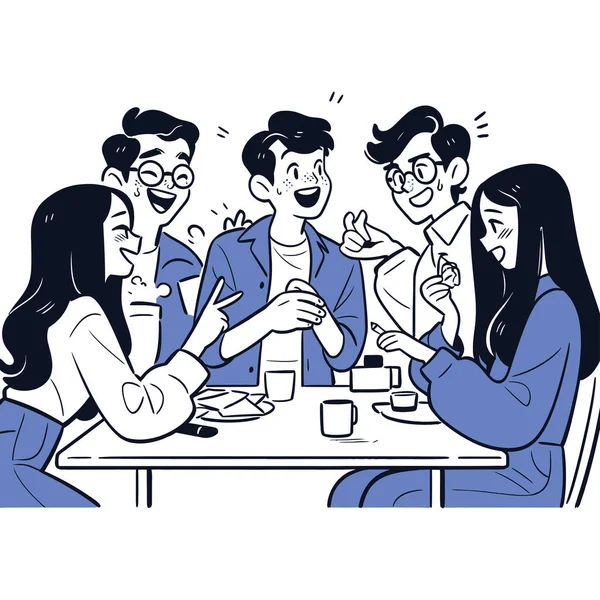 Grupo Amigos Rindo Compartilhando Histórias Uma Cafeteria Ilustração Vetorial Minimalista —  Vetores de Stock