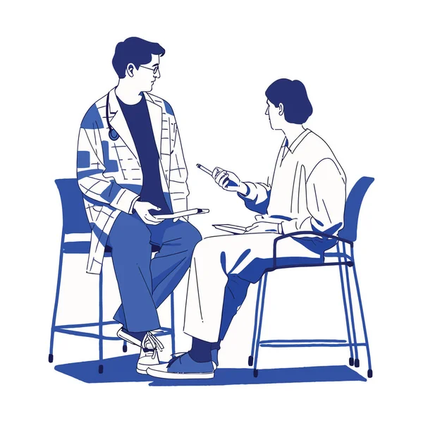 Médico Paciente Discutindo Opções Tratamento Ilustração Vetorial Minimalista —  Vetores de Stock