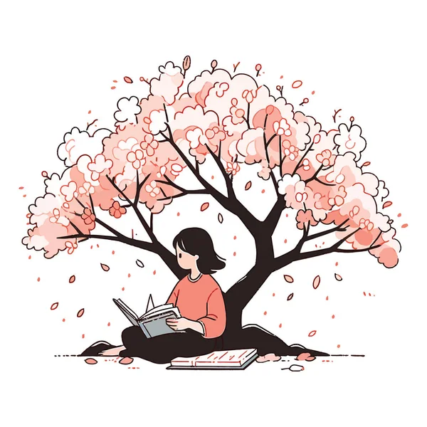 Pige Læser Bog Blomstrende Kirsebær Blomstre Træ Vektor Illustration – Stock-vektor