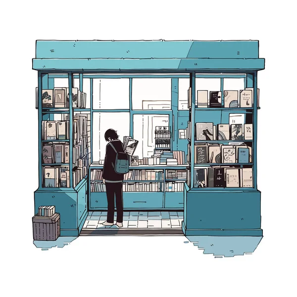 Egy Könyvkereskedő Kirakatot Rendez Egy Régi Könyvesboltban Vektor Illusztráció — Stock Vector