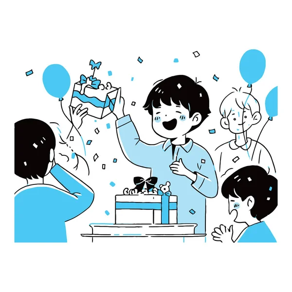 Boy Excitedly Opening Birthday Present Party Vector Illustration — Stock Vector