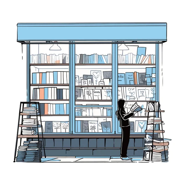 Egy Könyvkereskedő Kirakatot Rendez Egy Régi Könyvesboltban Vektor Illusztráció — Stock Vector