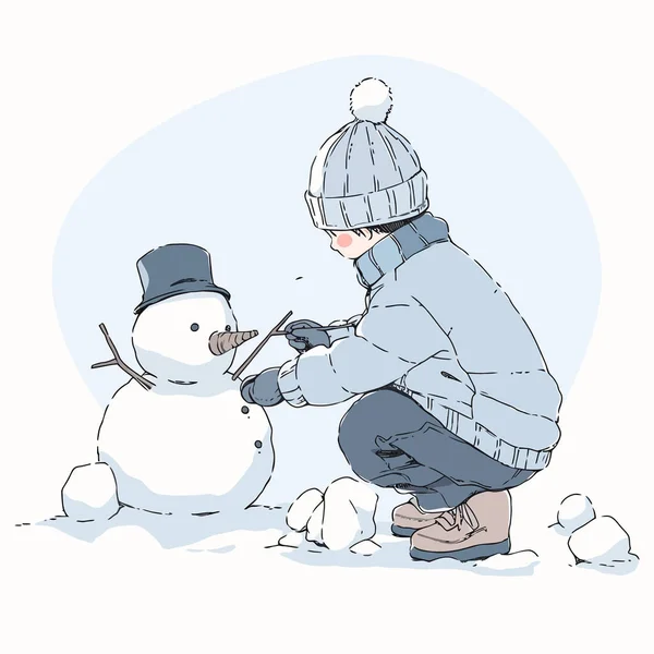 Child Building Snowman Crisp Winter Day Vector Illustration — Stock Vector