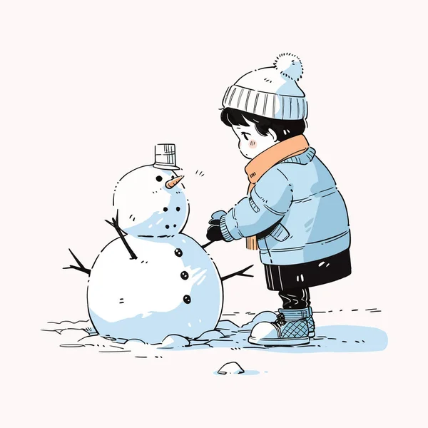 Ein Kind Baut Einem Klaren Wintertag Einen Schneemann Vektor Illustration — Stockvektor
