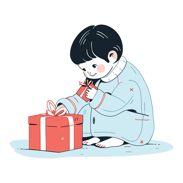 Child Eagerly Unwrapping Present Christmas Morning Vector Illustration — Stock Vector