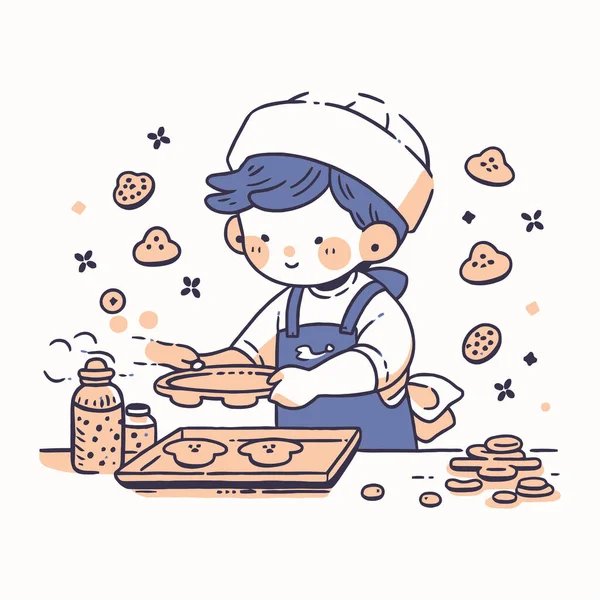 Ein Kind Mit Kochmütze Beim Plätzchenbacken Der Küche Vektor Illustration — Stockvektor