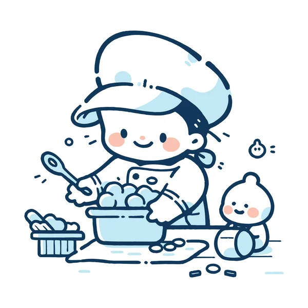 Bambino Con Cappello Chef Che Cuoce Felicemente Biscotti Cucina Illustrazione — Vettoriale Stock