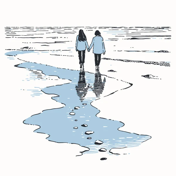 Couple Marchant Main Dans Main Sur Une Plage Sereine Illustration — Image vectorielle