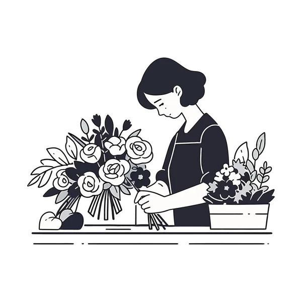 Çiçekçide Güzel Bir Buket Hazırlayan Bir Çiçekçi — Stok Vektör