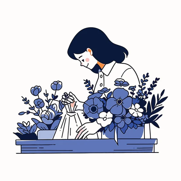 Ein Blumenhändler Bastelt Einen Schönen Strauß Einem Blumenladen Vektor Illustration — Stockvektor