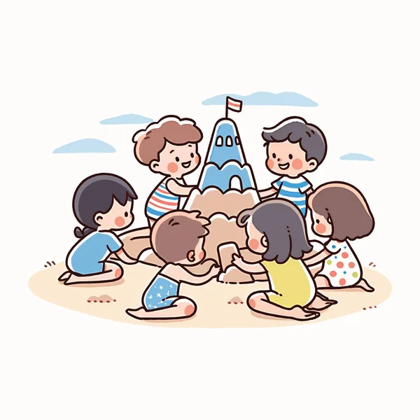 Grupo Crianças Construindo Castelo Areia Uma Praia Ensolarada Ilustração Vetorial — Vetor de Stock