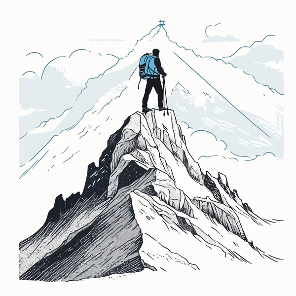 Excursionista Que Llega Cima Una Montaña Disfruta Vista Panorámica Ilustración — Vector de stock