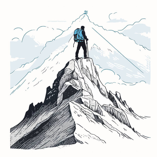 Турист, поднимающийся на вершину горы и наслаждающийся панорамным видом, векторная иллюстрация