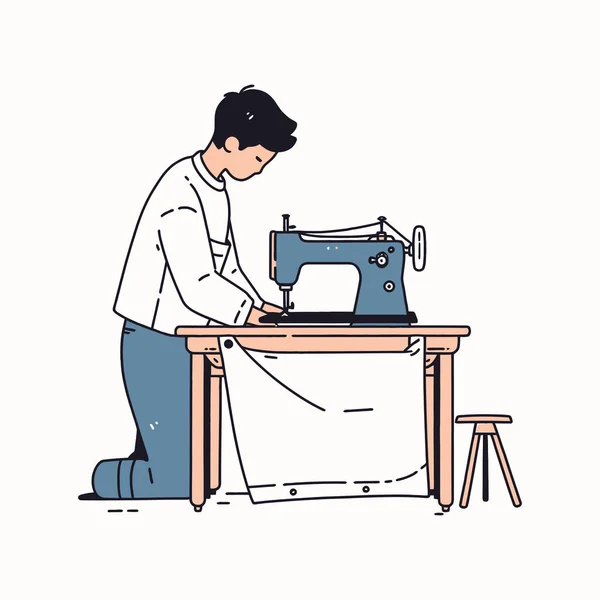 Alfaiate Meticulosamente Trabalhando Uma Máquina Costura Vintage Ilustração Vetorial —  Vetores de Stock
