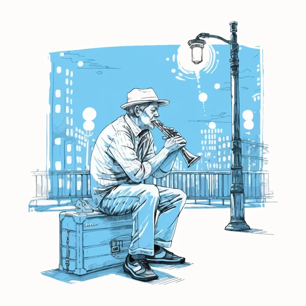 Músico Callejero Tocando Una Armónica Bajo Una Lámpara Ciudad Ilustración — Archivo Imágenes Vectoriales