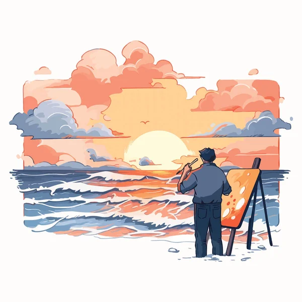 Artista Pintando Una Puesta Sol Vibrante Orilla Del Mar Ilustración — Vector de stock