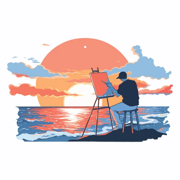 Artista Pintando Una Puesta Sol Vibrante Orilla Del Mar Ilustración — Archivo Imágenes Vectoriales