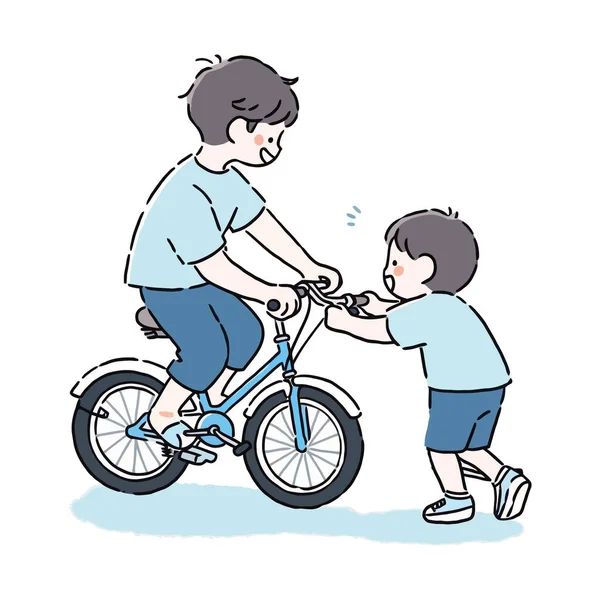 Menino Ajudando Seu Irmão Mais Novo Andar Bicicleta Pela Primeira — Vetor de Stock
