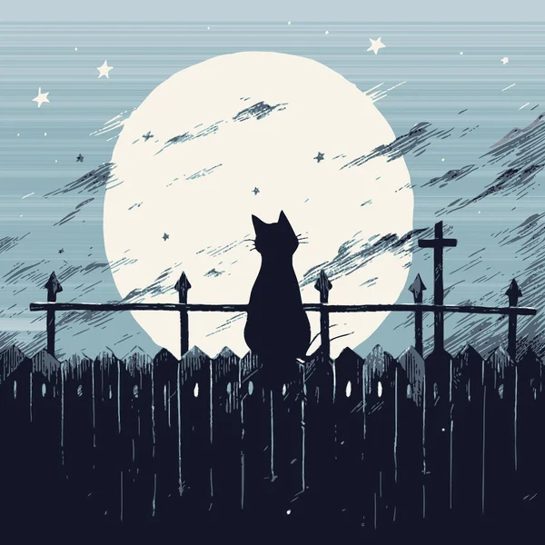 一只黑猫坐在栅栏上 它的轮廓在月光下很醒目 矢量说明 — 图库矢量图片