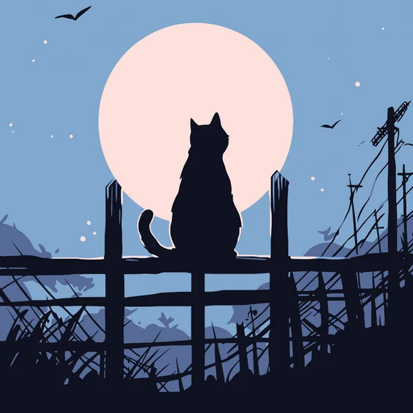 Siyah Bir Kedi Çitin Üzerinde Oturuyor Silueti Mehtaplı Gökyüzüne Yaslanmış — Stok Vektör
