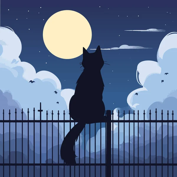 stock vector A black cat sitting on a fence, its silhouette stark against the moonlit sky. Vector illustration.