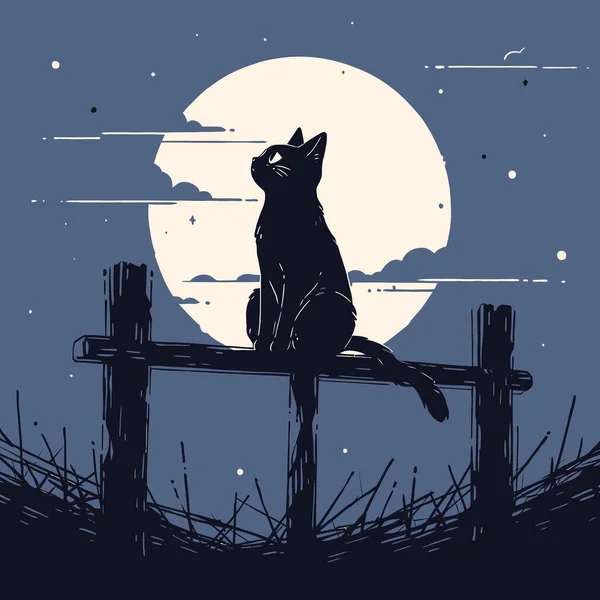 Černá Kočka Seděla Plotě Její Silueta Rýsovala Proti Měsícem Ozářenému — Stockový vektor
