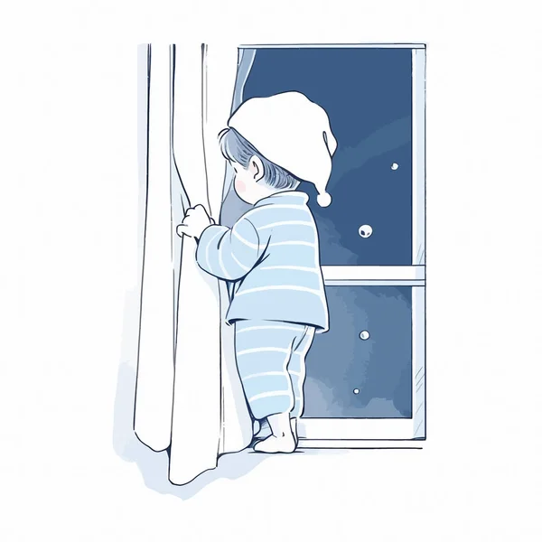 Ребенок Пижаме Ждущий Окна Жаждущий Первого Взгляда Санта Клауса Канун — стоковый вектор