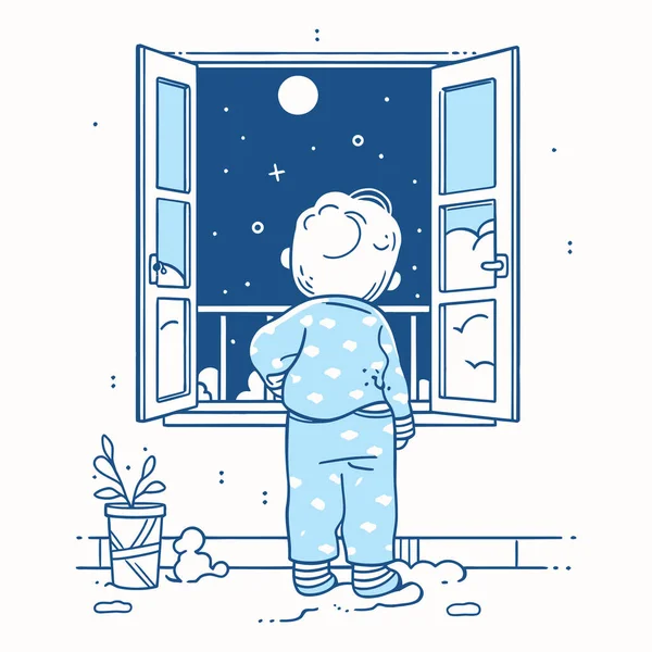 Ein Kind Schlafanzug Wartet Fenster Auf Einen Ersten Blick Auf — Stockvektor