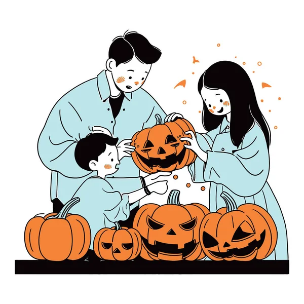 Rodzina Rzeźbiąca Dynie Razem Podekscytowanym Oczekiwaniem Halloween Ilustracja Wektora — Wektor stockowy