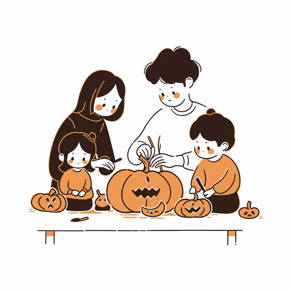 Rodzina Rzeźbiąca Dynie Razem Podekscytowanym Oczekiwaniem Halloween Ilustracja Wektora — Wektor stockowy