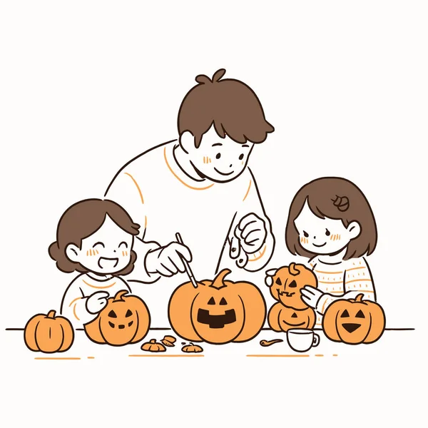 Rodina Vyřezávající Dýně Společně Nadšeným Očekáváním Halloweenskou Noc Vektorová Ilustrace — Stockový vektor
