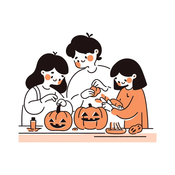 Rodina Vyřezávající Dýně Společně Nadšeným Očekáváním Halloweenskou Noc Vektorová Ilustrace — Stockový vektor
