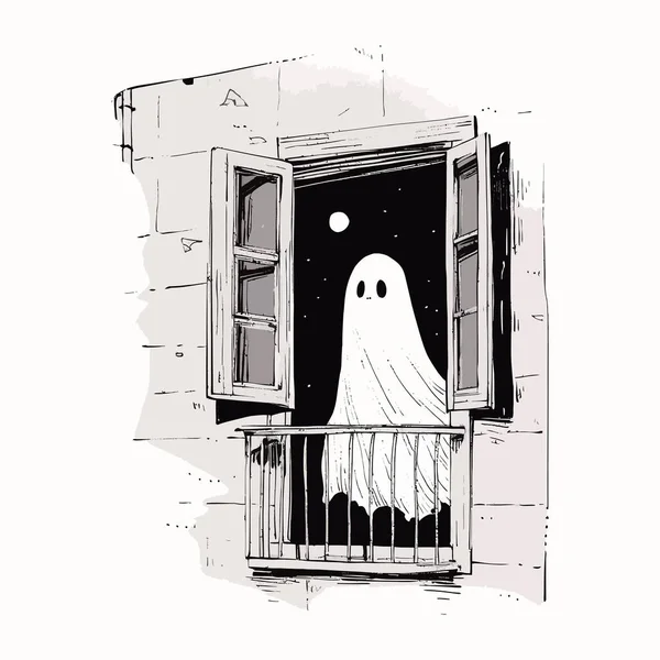 Přízračná Postava Která Objevila Okně Opuštěného Domu Mrazivé Halloweenské Noci — Stockový vektor