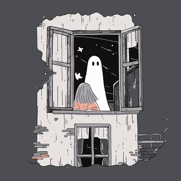 Une Figure Fantomatique Apparaissant Fenêtre Une Maison Abandonnée Lors Une — Image vectorielle