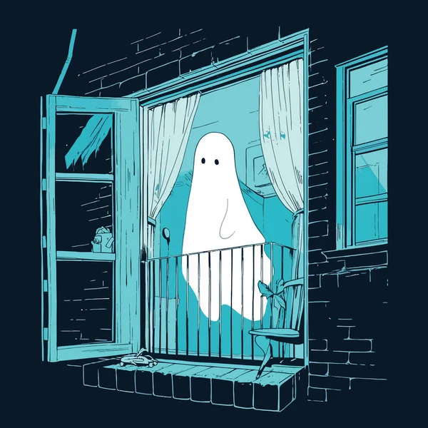 Une Figure Fantomatique Apparaissant Fenêtre Une Maison Abandonnée Lors Une — Image vectorielle