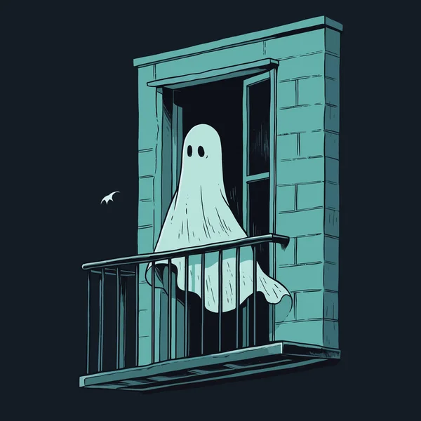 Přízračná Postava Která Objevila Okně Opuštěného Domu Mrazivé Halloweenské Noci — Stockový vektor