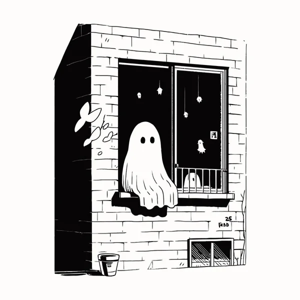 寒いハロウィーンの夜に放棄された家の窓に現れた幽霊のような姿 ベクターイラスト — ストックベクタ