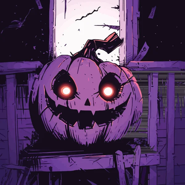 Jack Lanterne Lumineux Avec Sourire Espiègle Assis Sur Porche Illustration — Image vectorielle