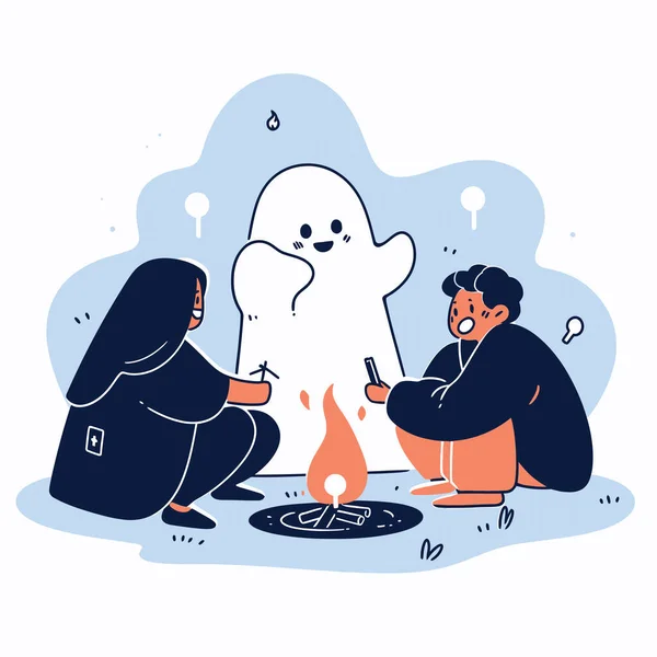 Group Friends Telling Spooky Stories Bonfire Halloween Night Vector Illustration — Stock Vector