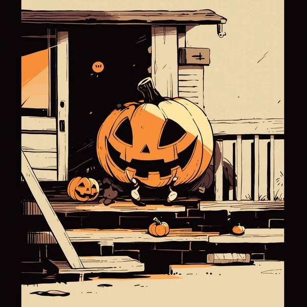 Glowing Jack Lantern Mischievous Smile Sitting Porch Vector Illustration — Stock Vector